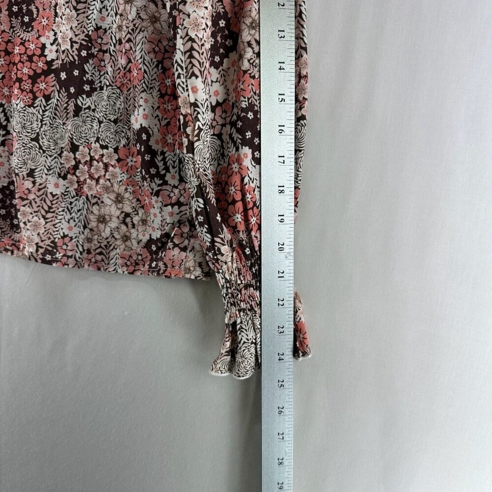 Simple Fun Top Womens Sz S Peasant Blouse Floral Tie Neck Long Sleeve Brown/Pink - Picture 10 of 11
